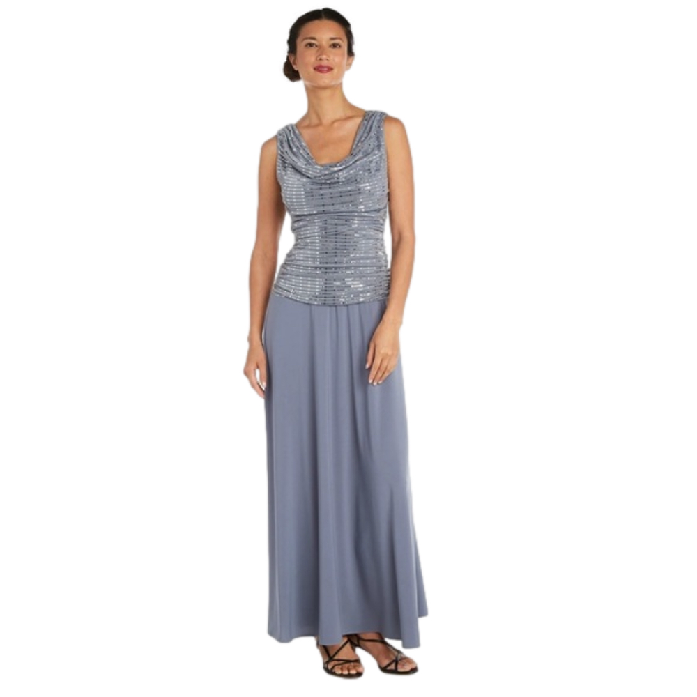 R&M Richards Steel Gray Sequin Top Full Length Sleeveless Formal Dress Size 14